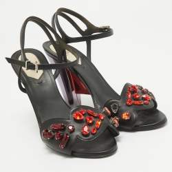 Fendi Black Leather Ankle Strap Crystal Embellished Ankle Strap Sandals Size 38 
