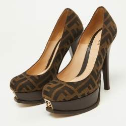 Fendi Brown Zucca Canvas Fendista Platform Round Toe Pumps Size 36.5