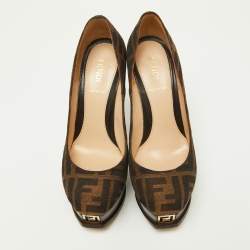 Fendi Brown Zucca Canvas Fendista Platform Round Toe Pumps Size 36.5