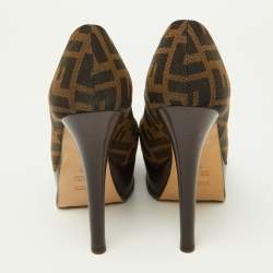 Fendi Brown Zucca Canvas Fendista Platform Round Toe Pumps Size 36.5