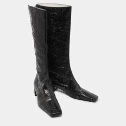 مملوكة مسبقًا Fendi Black Floral Leather Knee Length Boots Size 41