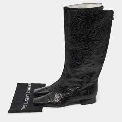 مملوكة مسبقًا Fendi Black Floral Leather Knee Length Boots Size 41