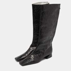 مملوكة مسبقًا Fendi Black Floral Leather Knee Length Boots Size 41