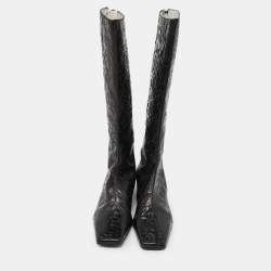 مملوكة مسبقًا Fendi Black Floral Leather Knee Length Boots Size 41
