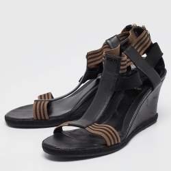 Fendi Black/Brown Leather and Elastic T-Strap Wedge Sandals Size 41
