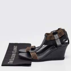 Fendi Black/Brown Leather and Elastic T-Strap Wedge Sandals Size 41
