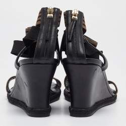 Fendi Black/Brown Leather and Elastic T-Strap Wedge Sandals Size 41