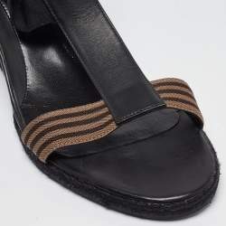Fendi Black/Brown Leather and Elastic T-Strap Wedge Sandals Size 41