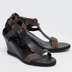 Fendi Black/Brown Leather and Elastic T-Strap Wedge Sandals Size 41