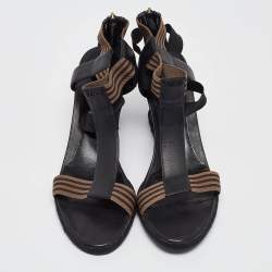 Fendi Black/Brown Leather and Elastic T-Strap Wedge Sandals Size 41