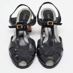 Pre Owned Fendi Black Patent Peep Toe Ankle Strap Sandals Size 41