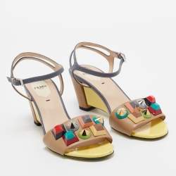 Fendi Multicolor Leather and Lizard Embossed Fantasia Ankle Strap Sandals Size 38