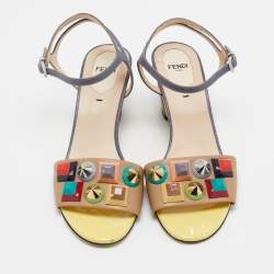 Fendi Multicolor Leather and Lizard Embossed Fantasia Ankle Strap Sandals Size 38