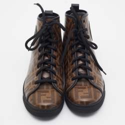 Pre Owned Fendi Brown Zucca Coated Canvas Lace-up High-Top Sneakers Size 38