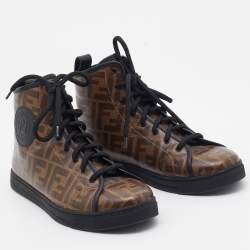 Pre Owned Fendi Brown Zucca Coated Canvas Lace-up High-Top Sneakers Size 38