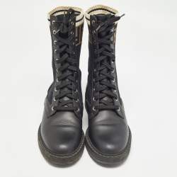 Pre Owned Fendi Black Leather and Zucca Stretch Fabric Rockoko Combat Boots Size 37.5