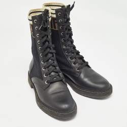 Pre Owned Fendi Black Leather and Zucca Stretch Fabric Rockoko Combat Boots Size 37.5