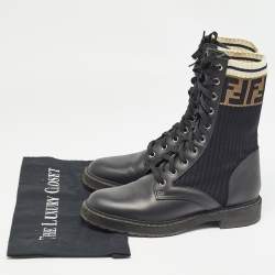 Pre Owned Fendi Black Leather and Zucca Stretch Fabric Rockoko Combat Boots Size 37.5