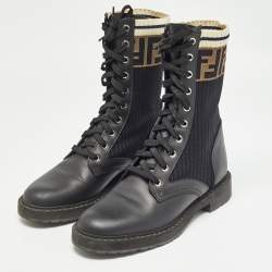 Pre Owned Fendi Black Leather and Zucca Stretch Fabric Rockoko Combat Boots Size 37.5