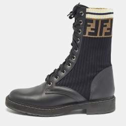 Pre Owned Fendi Black Leather and Zucca Stretch Fabric Rockoko Combat Boots Size 37.5