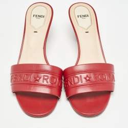 Fendi Dark Red Leather Slide Sandals Size 38