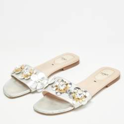 Pre Owned Fendi Silver Leather Flowerland Flat Slides Size 37