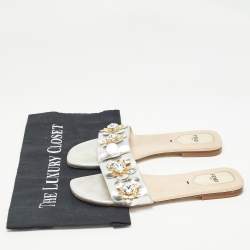 Pre Owned Fendi Silver Leather Flowerland Flat Slides Size 37