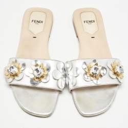 Pre Owned Fendi Silver Leather Flowerland Flat Slides Size 37