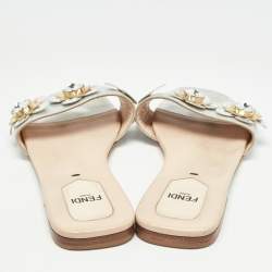 Pre Owned Fendi Silver Leather Flowerland Flat Slides Size 37