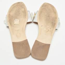 Pre Owned Fendi Silver Leather Flowerland Flat Slides Size 37