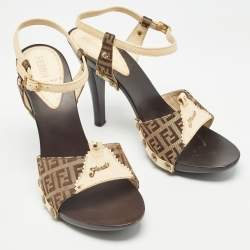 Pre Owned Fendi Brown/Cream Zucca Canvas and Leather Ankle Strap Sandals Size 39