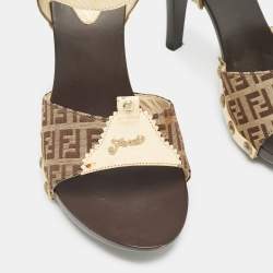 Pre Owned Fendi Brown/Cream Zucca Canvas and Leather Ankle Strap Sandals Size 39