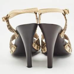 Pre Owned Fendi Brown/Cream Zucca Canvas and Leather Ankle Strap Sandals Size 39
