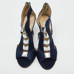 Fendi Blue/Silver Strappy Satin Peep Toe Zipper Sandals Size 37.5