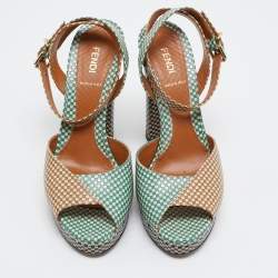 Pre Owned Fendi Brown/Green Checkered Leather Platform Ankle Strap Sandals Size 39
