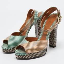 Pre Owned Fendi Brown/Green Checkered Leather Platform Ankle Strap Sandals Size 39