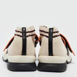 Pre Owned Fendi Cream/Burgundy Knit Fabric Rockoko Sneakers Size 37