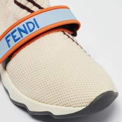 Pre Owned Fendi Cream/Burgundy Knit Fabric Rockoko Sneakers Size 37