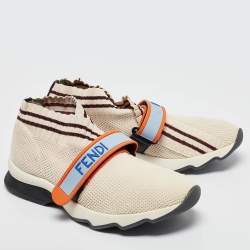 Pre Owned Fendi Cream/Burgundy Knit Fabric Rockoko Sneakers Size 37