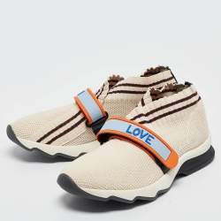 Pre Owned Fendi Cream/Burgundy Knit Fabric Rockoko Sneakers Size 37