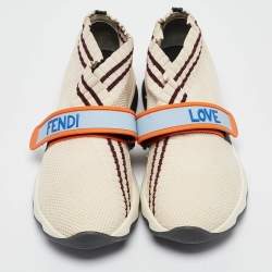 Pre Owned Fendi Cream/Burgundy Knit Fabric Rockoko Sneakers Size 37