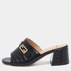 Fendi Black Embossed Croc Slide Sandals Size 36