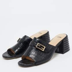 Fendi Black Embossed Croc Slide Sandals Size 36
