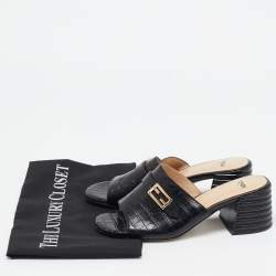 Fendi Black Embossed Croc Slide Sandals Size 36