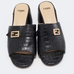 Fendi Black Embossed Croc Slide Sandals Size 36