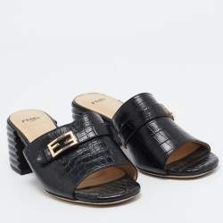 Fendi Black Embossed Croc Slide Sandals Size 36