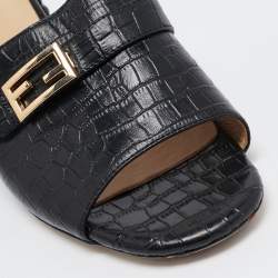 Fendi Black Embossed Croc Slide Sandals Size 36