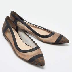 Pre Owned Fendi Brown/Black Zucca Mesh and Leather Colibri Ballet Flats Size 38