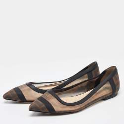 Pre Owned Fendi Brown/Black Zucca Mesh and Leather Colibri Ballet Flats Size 38