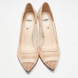 Pre Owned Fendi Beige/Brown Zucca Mesh and Leather Colibri Pumps Size 35